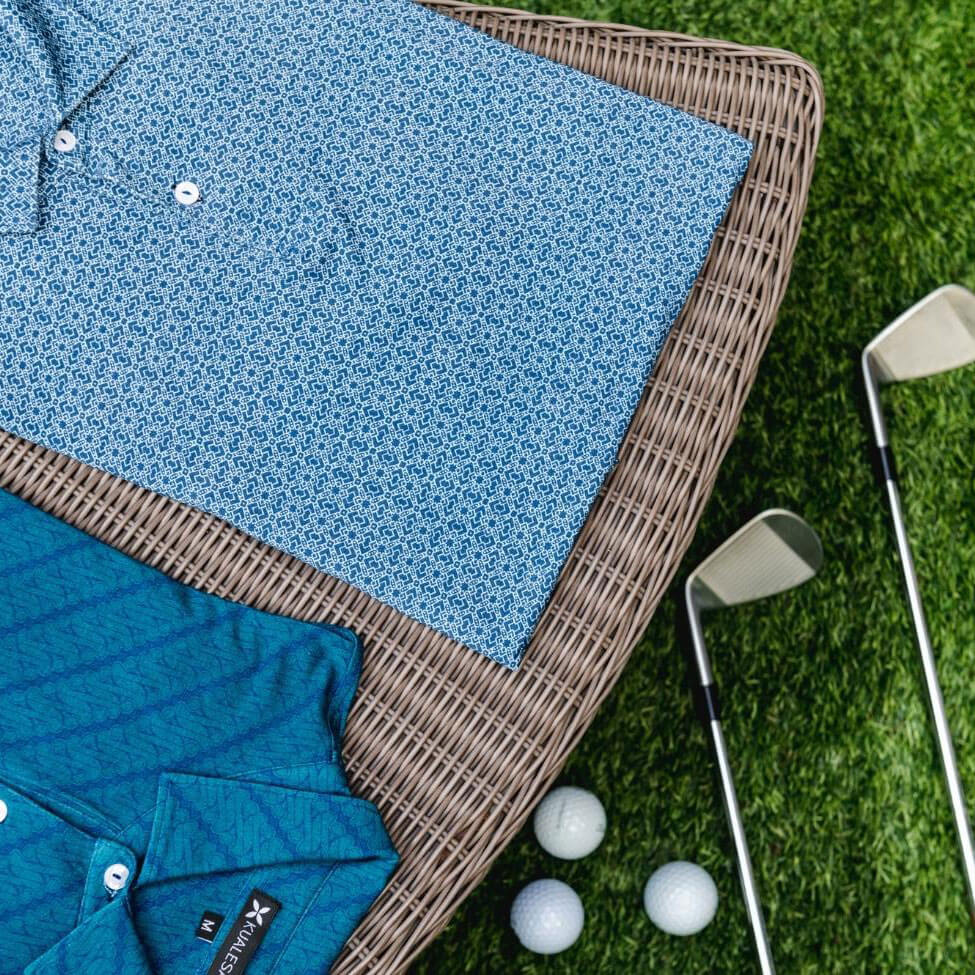 2 Kualesa batik tribute polos (left) and 2 golf clubs and 3 golf balls (right)